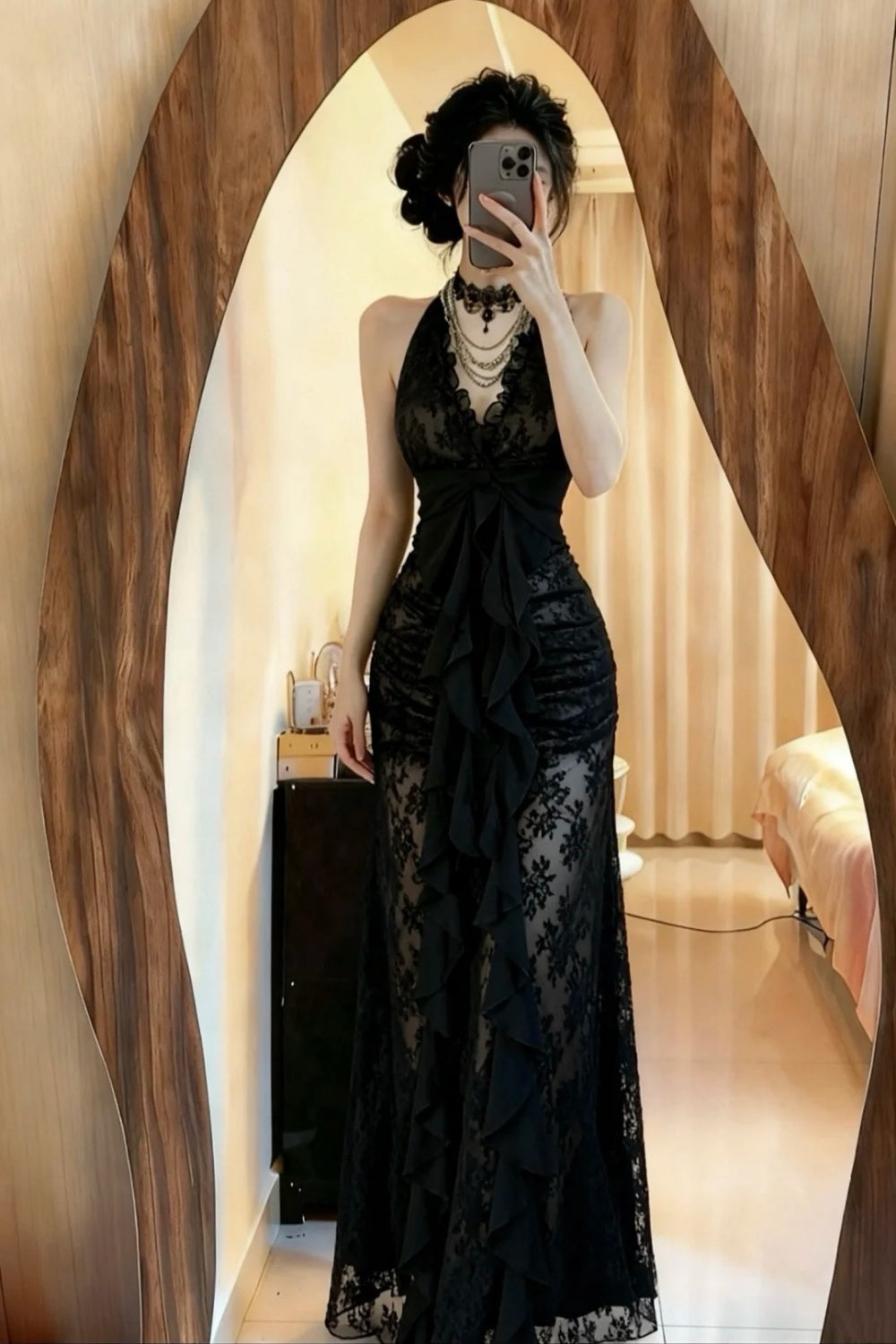 NiceVestidos-_Black long lace party dress NV5972