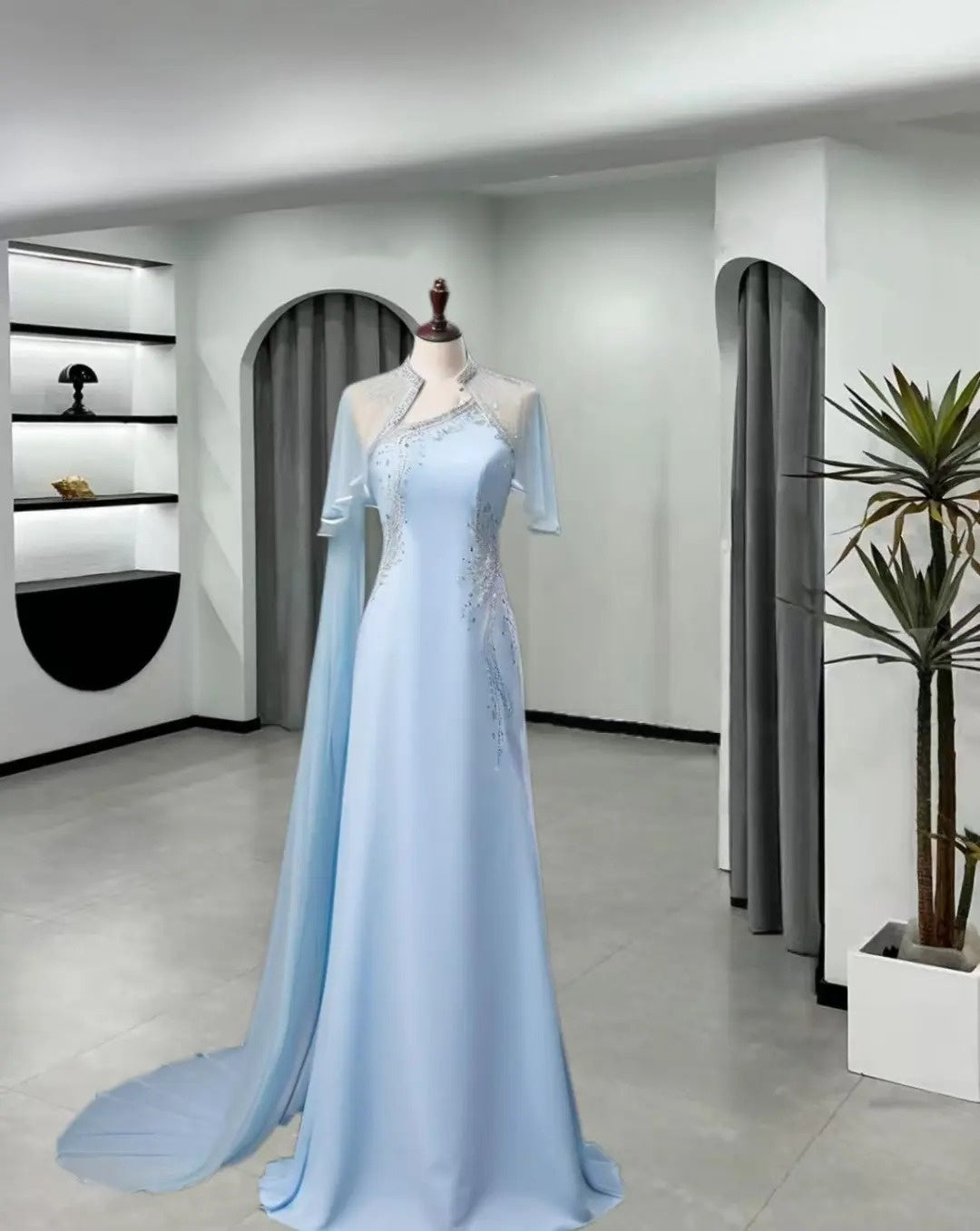 Blue Elegant Exquisite Beaded Long Satin Floor Length Prom Dress Evening Dress Party Dress nv4141