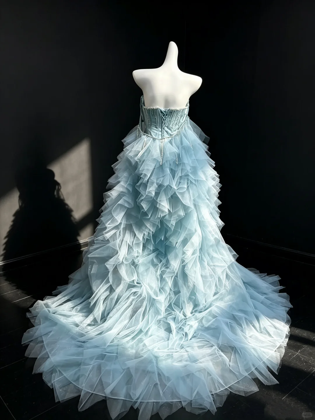 Dusty Blue Strapless Formal Gown Beaded Rhinestone Feather Detachable Tulle Train Evening Dress NV6970