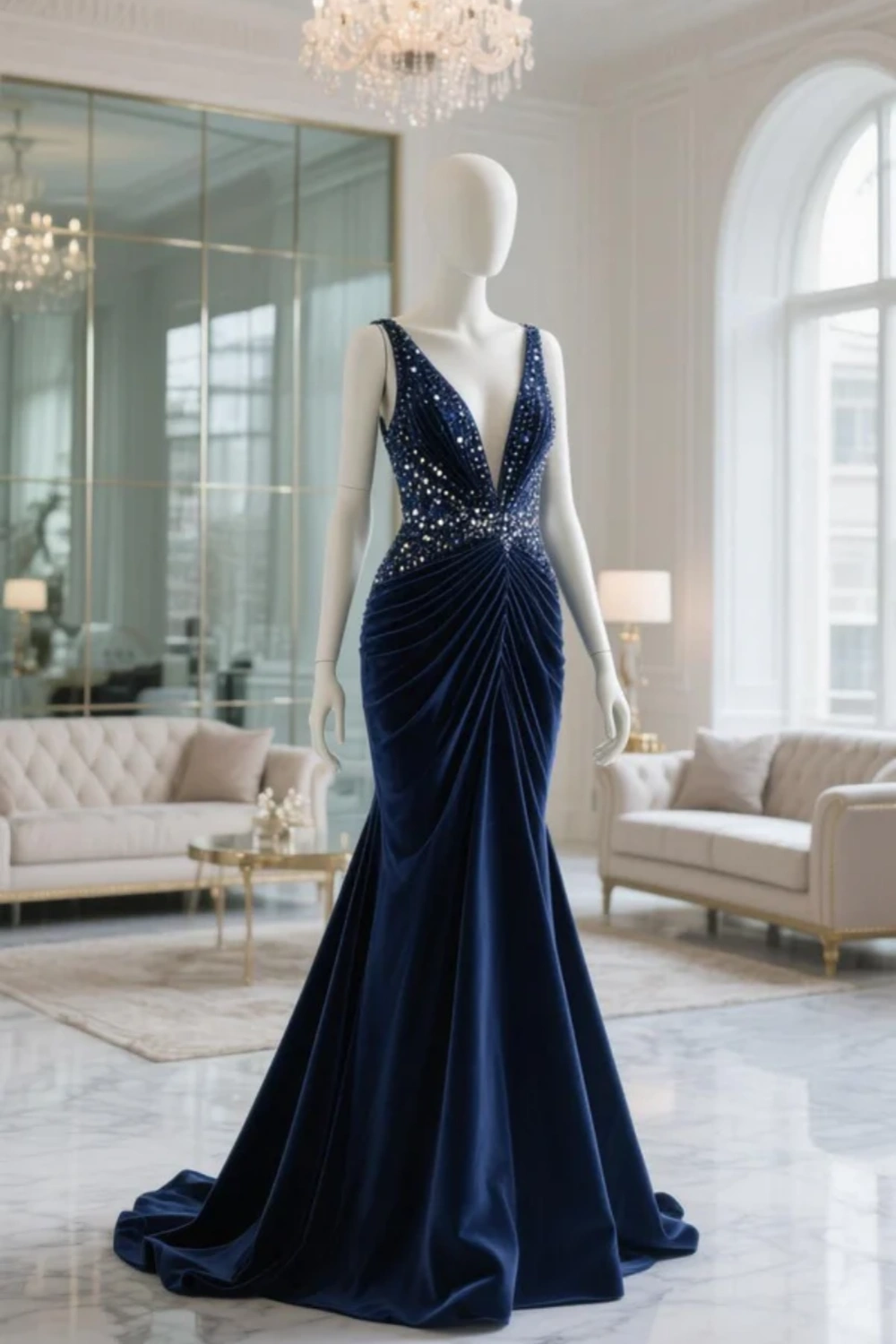 Navy blue velvet long dress with a sweetheart neckline NV6684