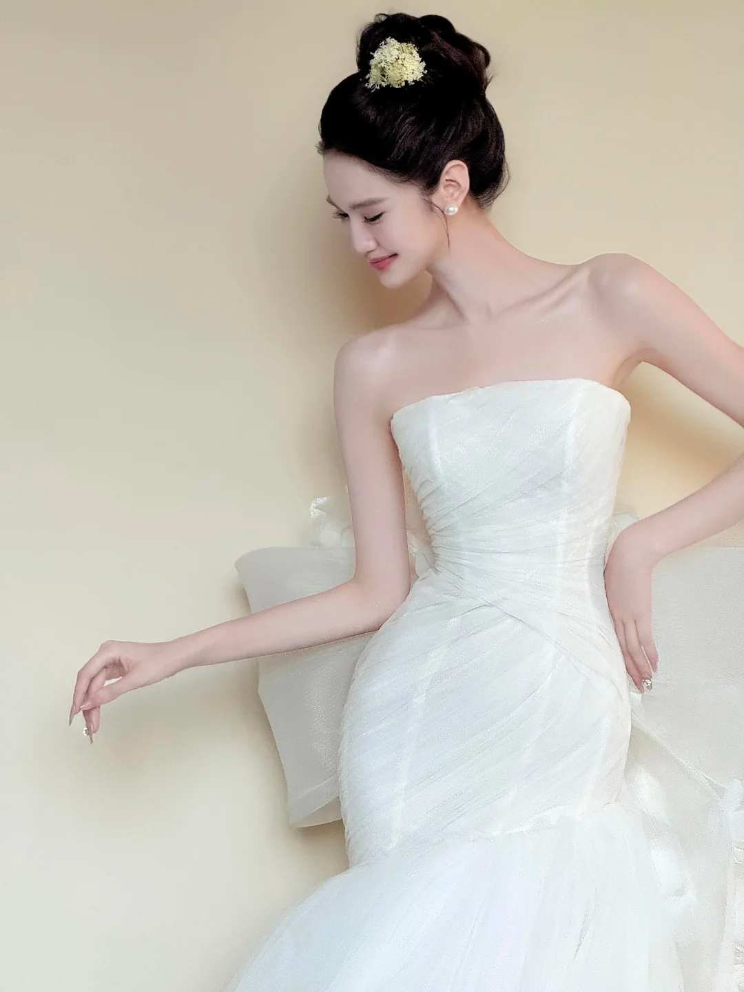 Strapless 3D Floral Tulle Mermaid Wedding Dress with Detachable Sleeves NV7435