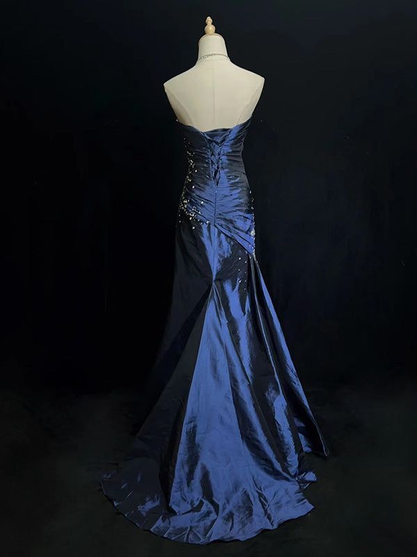 Navy Blue Gorgeous Vintage Exquisite Beading Long Sleeveless Mermaid Satin Long Ball Gown Evening Dress nv3572