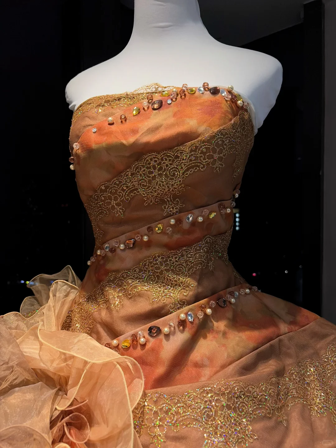 Caramel Orange Strapless Ball Gown Lace Beaded Corset Ombre Ruffle Tulle 3D Floral Prom Dress NV6948