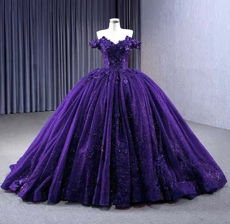 Purple Glitter Tulle Off-Shoulder Train Gown | 3D Floral Court Style Evening Ball Dress NV6319