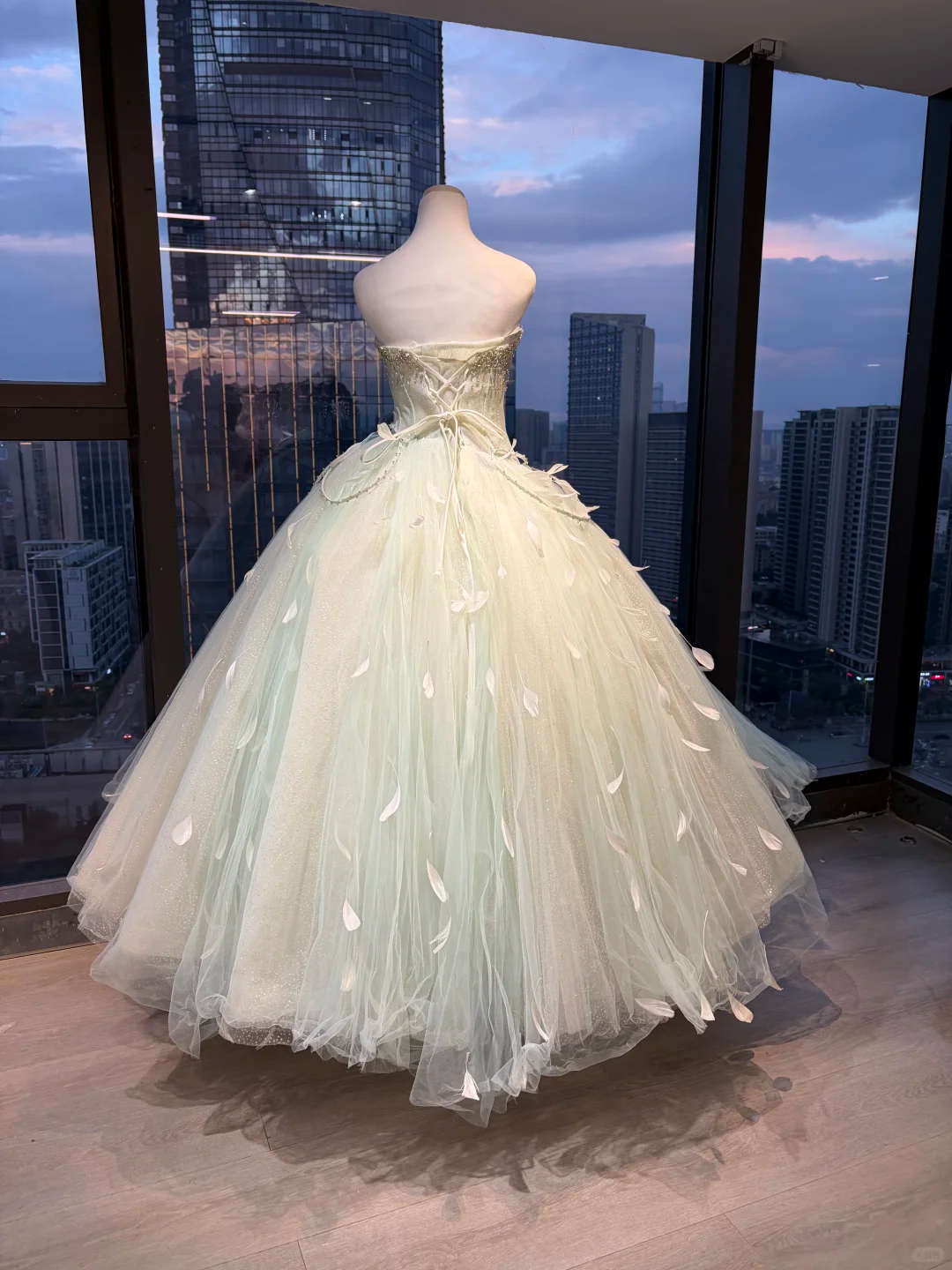 Strapless Light Mint Green Fairy Ball Gown Rhinestone Beaded Sparkle Tulle Feather Long Prom Dress NV7028