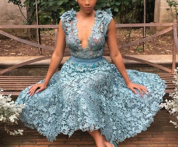 Robe de soirée mi-longue en dentelle bleue, sexy, décolleté en V profond, robe de bal, robe de soirée, robe de soirée, nv1128