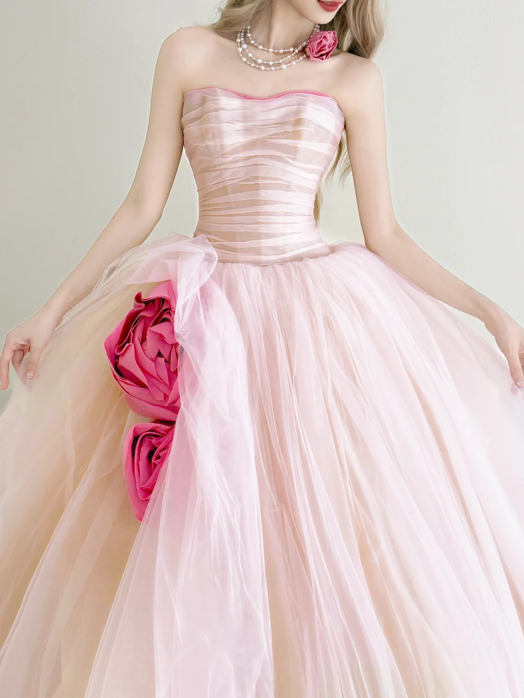 Light Pink 3D Rose Strapless Prom Gown Sweetheart Tulle Formal Dress NV7168