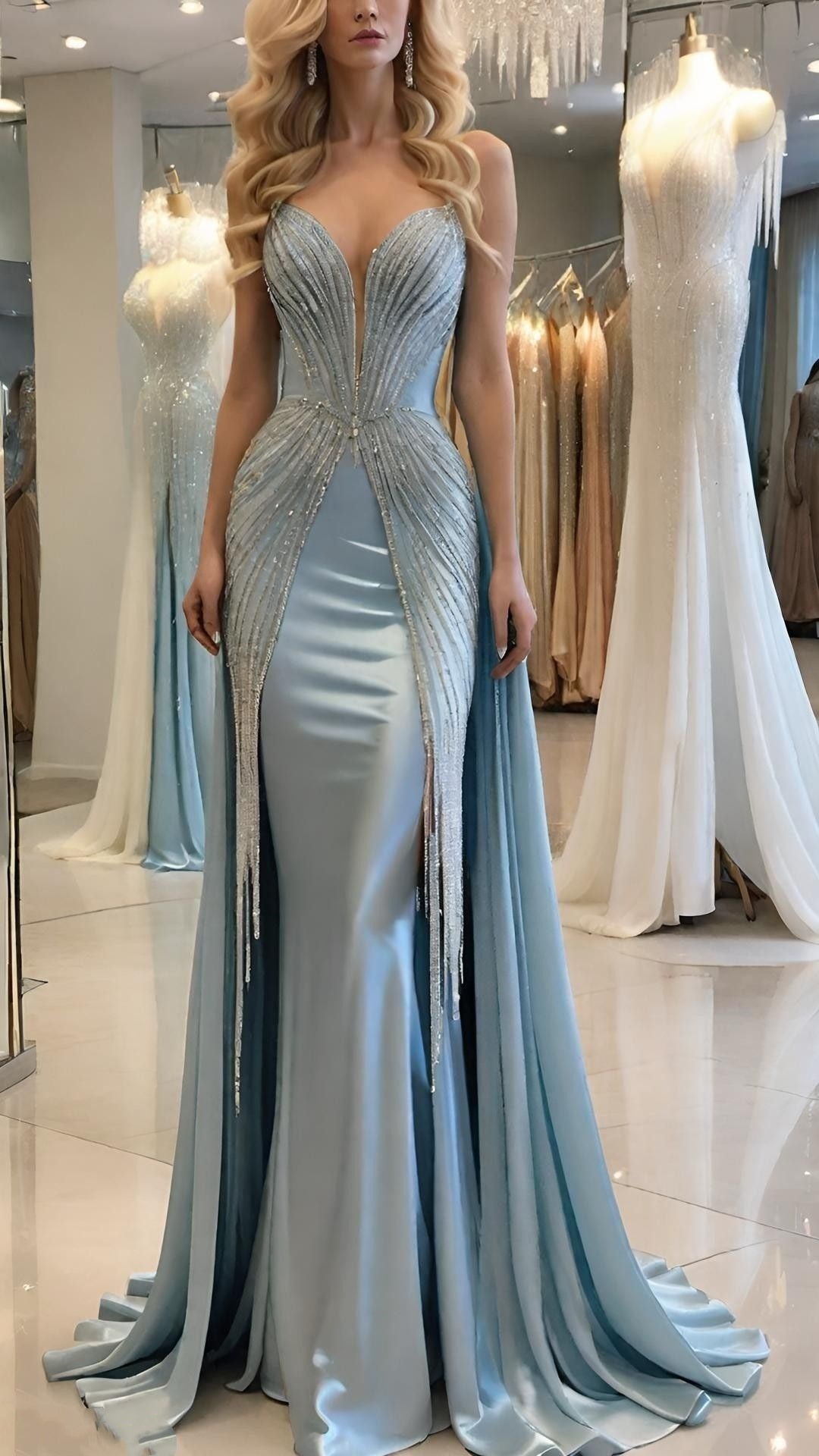 Light blue gorgeous beaded shiny sexy elegant mermaid bodycon long floor-length evening gown prom dress party dress wedding dress nv5117