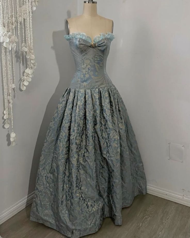 Gray-Blue Brocade Strapless Fitted Ball Gown NV6241