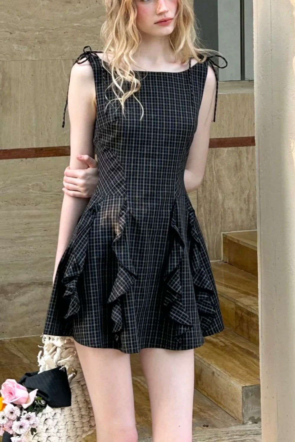 plaid homecoming dress Sky Blue Plaid Spaghetti Strap Simple Homecoming Dresses,HD0052   AlineBridal