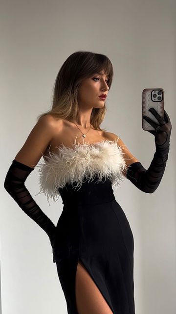 Robe de soirée longue noire chic à coutures en plumes pour femme, tenue de soirée sexy et fendue, nv2934