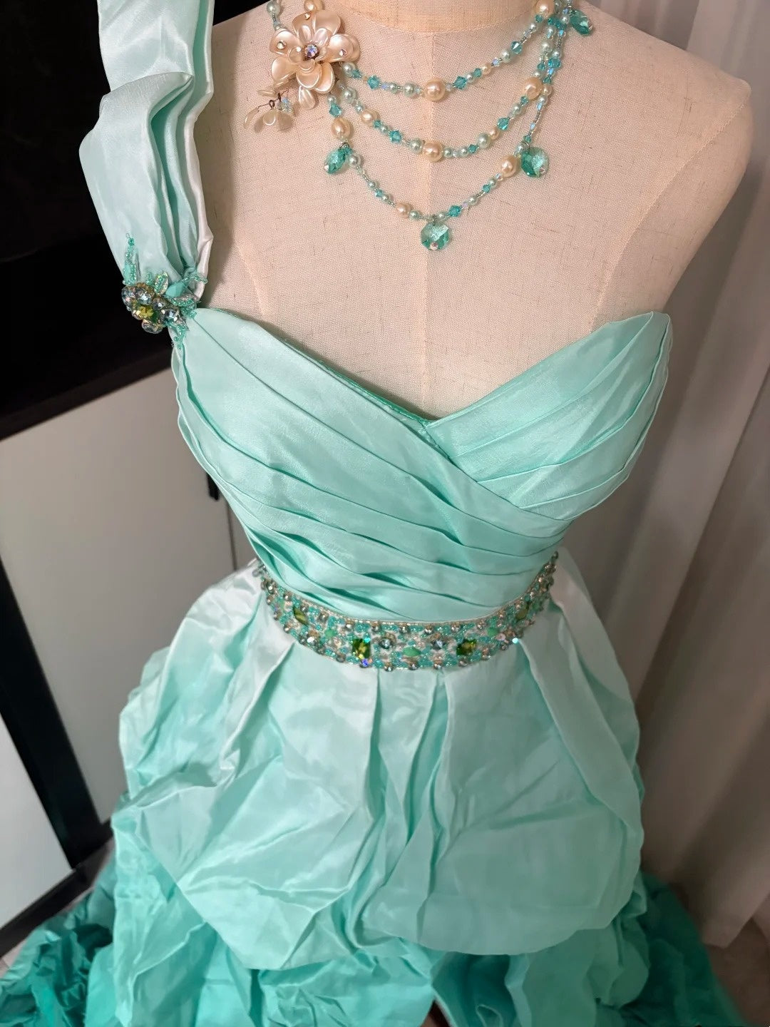 Mint Green Ombre One-Shoulder Ruffled Trailing Formal Dress Mermaid Style Rhinestone Belt Evening Gown NV6866