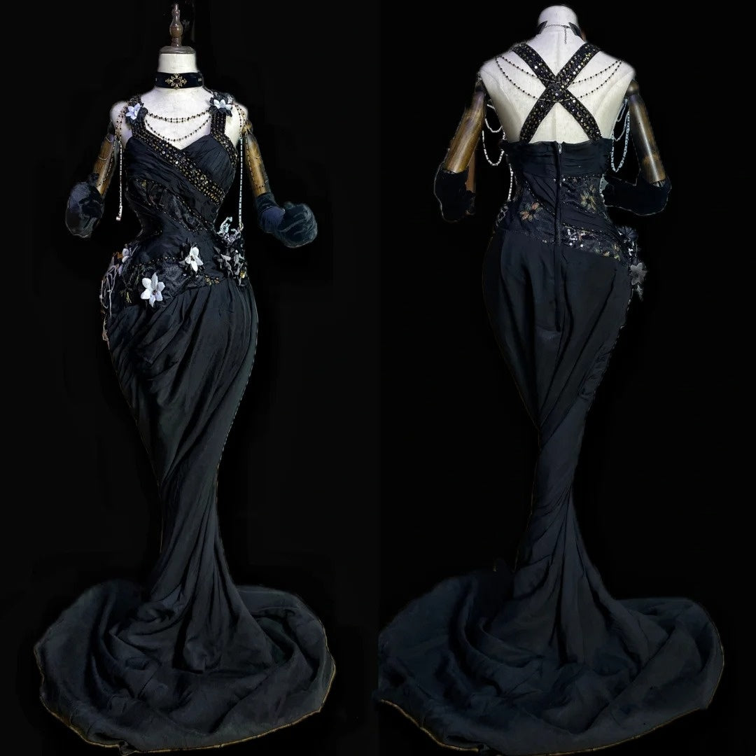 Black Vintage Fashion Gorgeous Floral Delicate Beads Long Mermaid Slim Satin Ball Gown Evening Gown nv4059