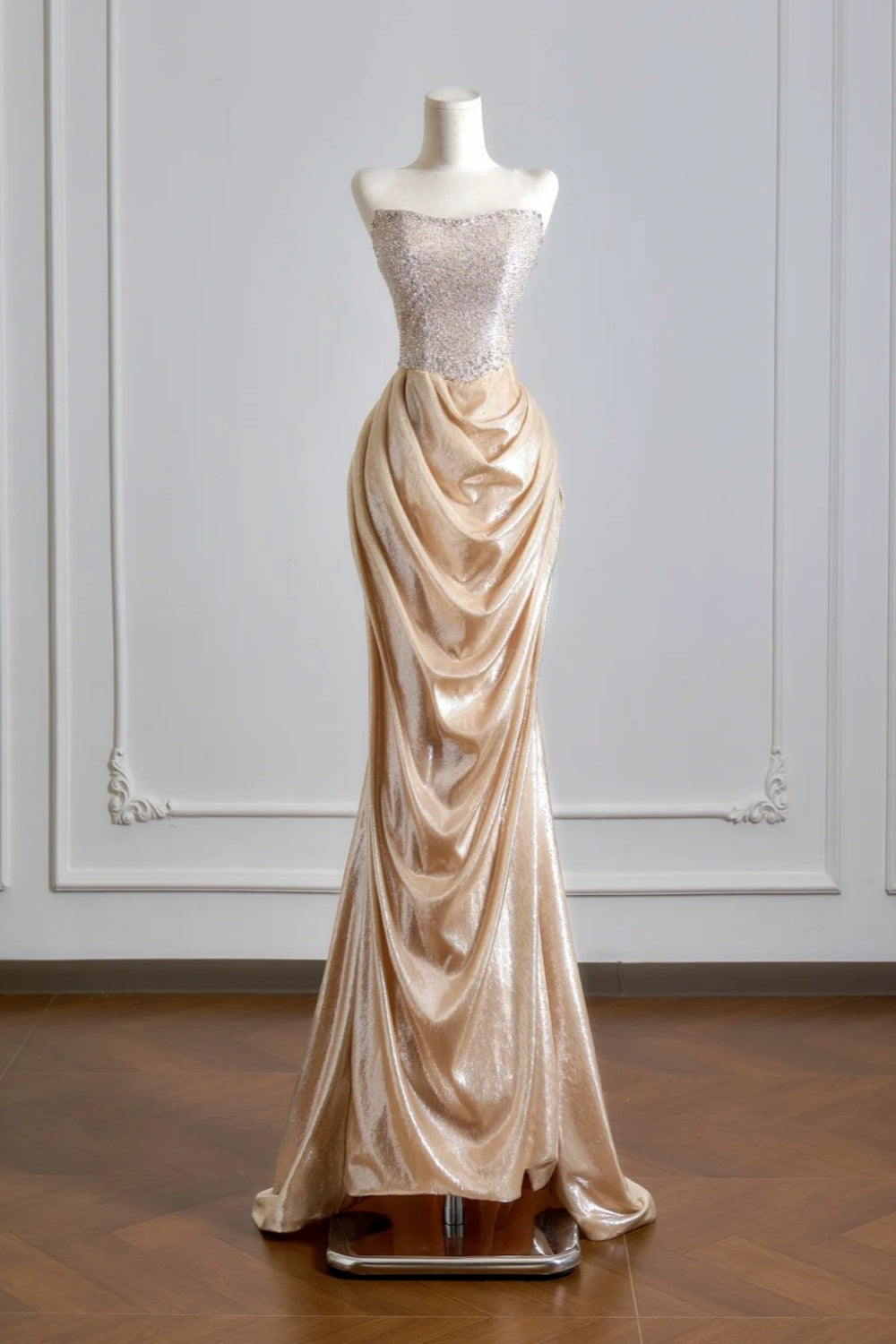 Silver-Cream Satin Off-the-Shoulder Lace Sleeve Slit Floor-Length Elegant Wedding Dress NV6232 – NiceVestidos