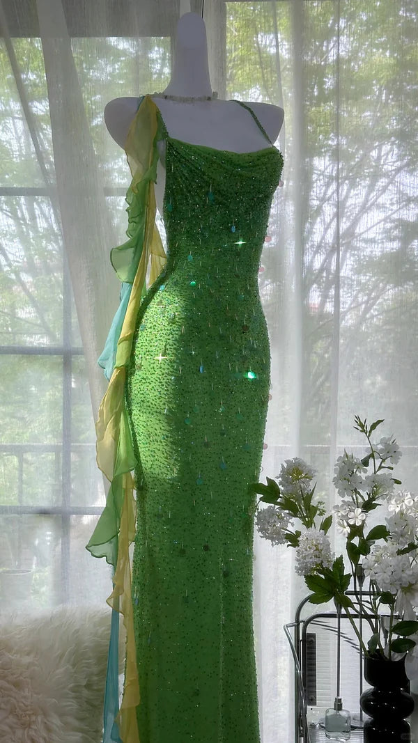 Vintage Evening Dresses, Green Sequin Mermaid Sleeveless Long Party Gowns nv4331