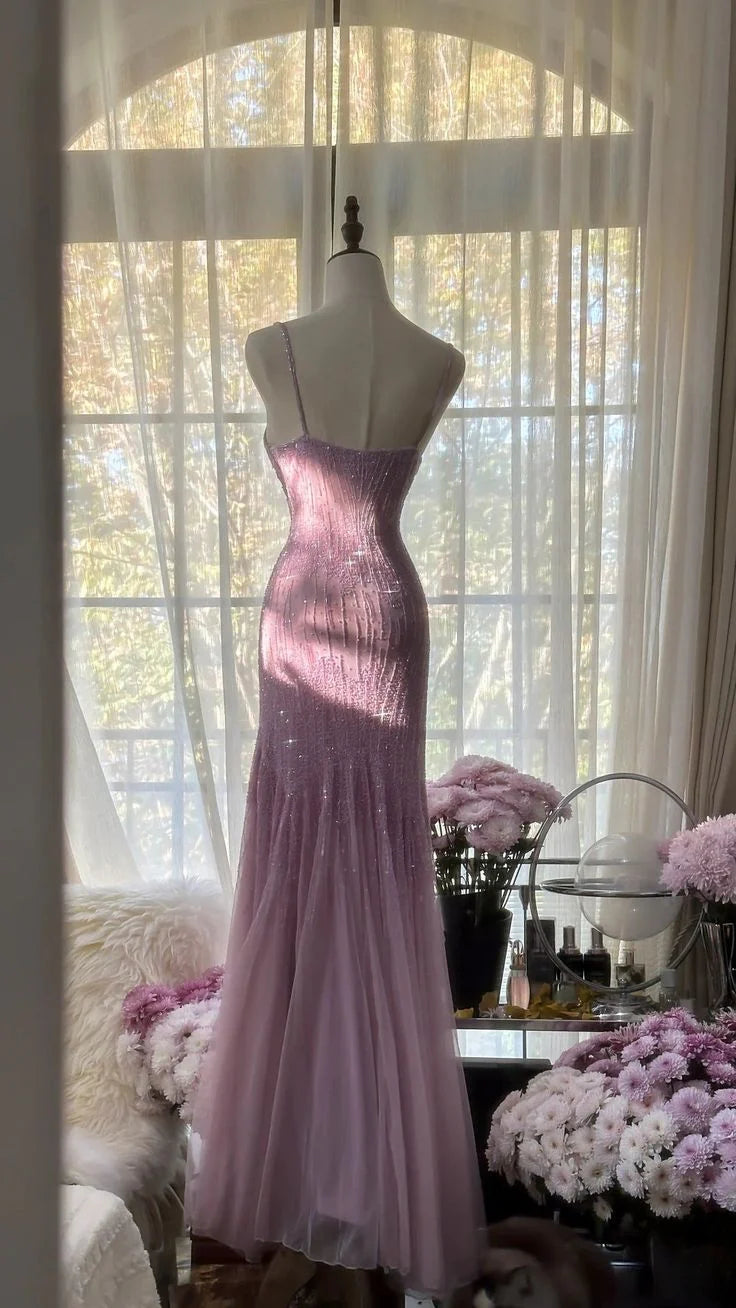 Lila Luxus Wunderschöne Elegante Exquisite Perlenbesetzte Meerjungfrau Spaghettiträger Langes Tüll Pailletten Ballkleid Abendkleid Abschlusskleid Partykleid nv4031