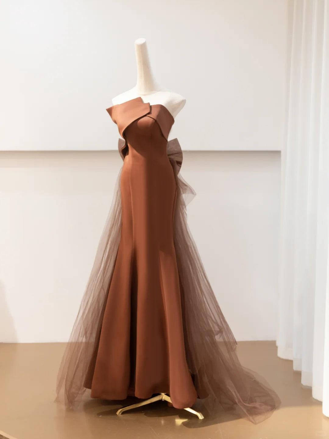 Braun Satin Elegantes Langes Meerjungfrau Tüll Ballkleid Abendkleid Partykleid nv4752