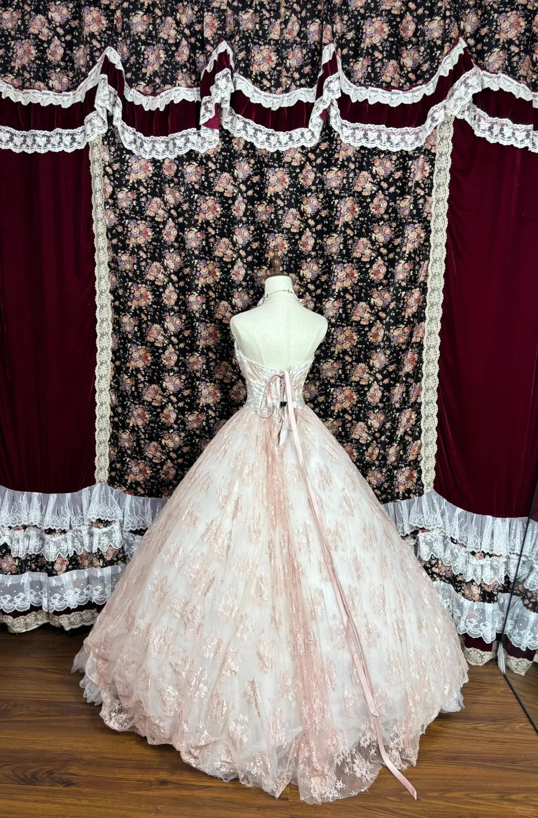 Pink Vintage Fashion Floral Beaded A-Line Long Tulle Off-Shoulder Ball Gown Quinceanera Dress Evening Gown nv4219