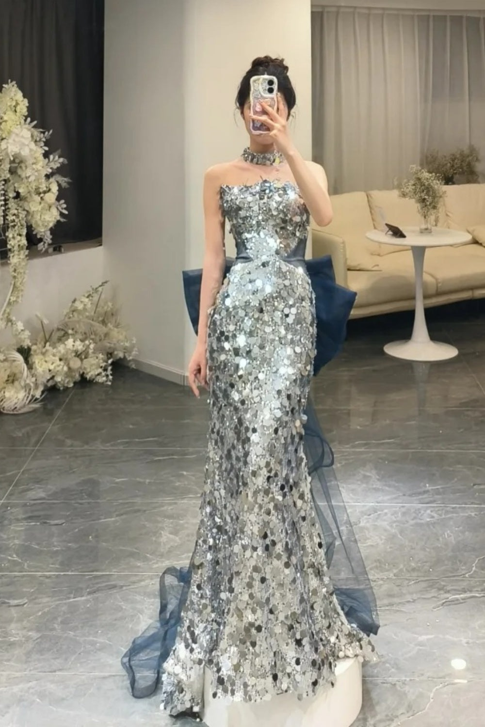 NiceVestidos--Dreamy Star River Style:Silver - Glow Sequin Strapless Sleeveless Mermaid Floor - Length Evening Dress NV5819