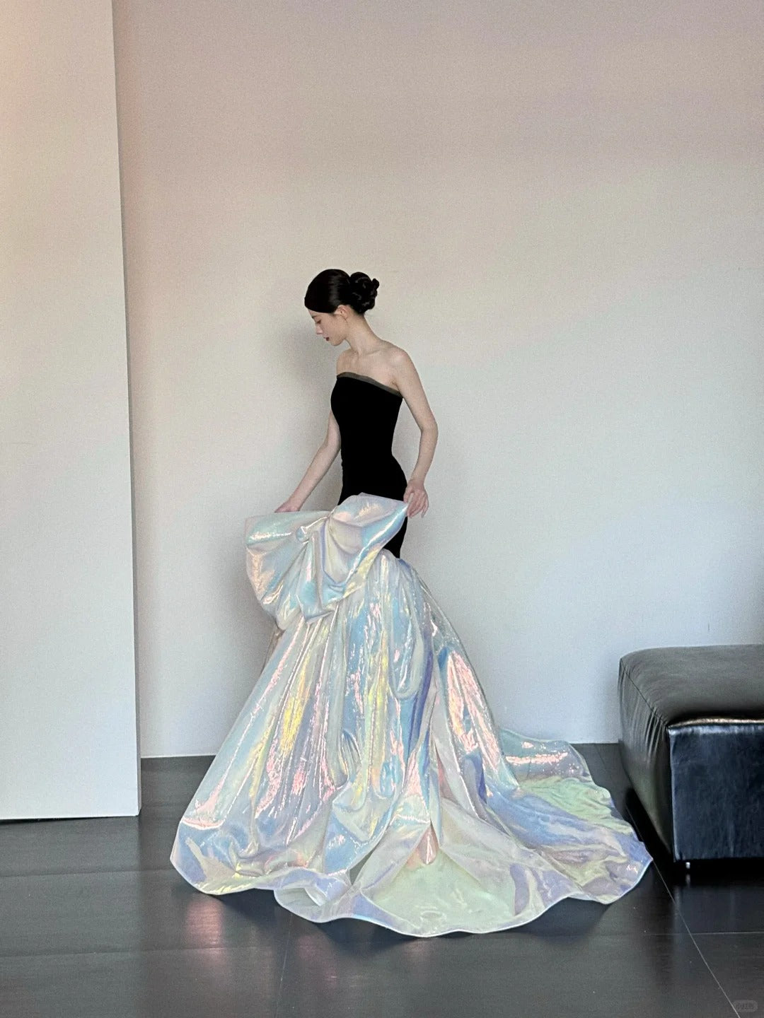 Black shiny gorgeous elegant satin long mermaid floor length ball gown evening dress nv4055