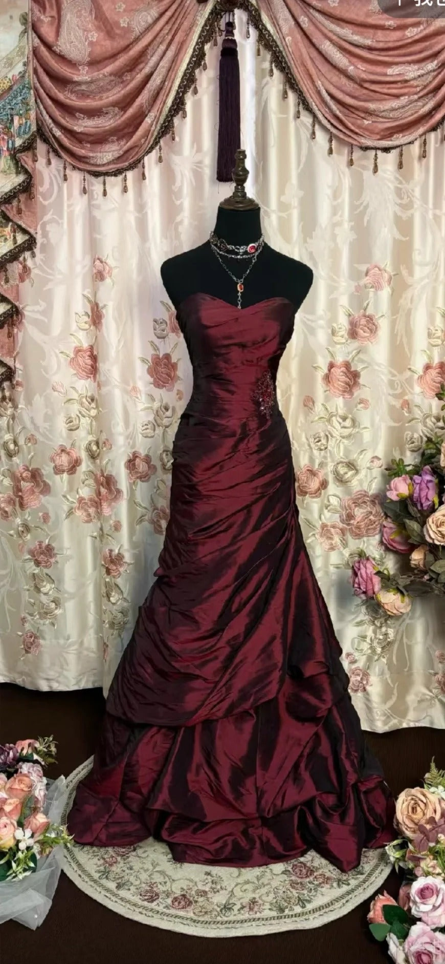 Burgundy rhinestone long satin floor-length ball gown evening dress adult dress nv4424