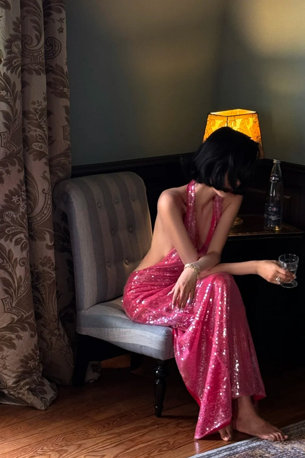 Sequin Halter Maxi Dress: Hot Pink Deep V-backless, Eye-catching Evening Gown NV6400