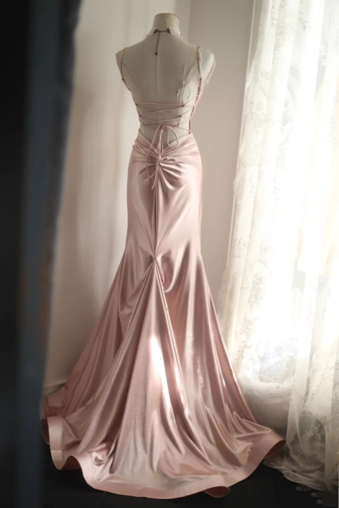 Dusty Rose Moonlight - Satin Deep V Backless Lace-up Mermaid Gown, Elegant Train Evening Dress NV6855