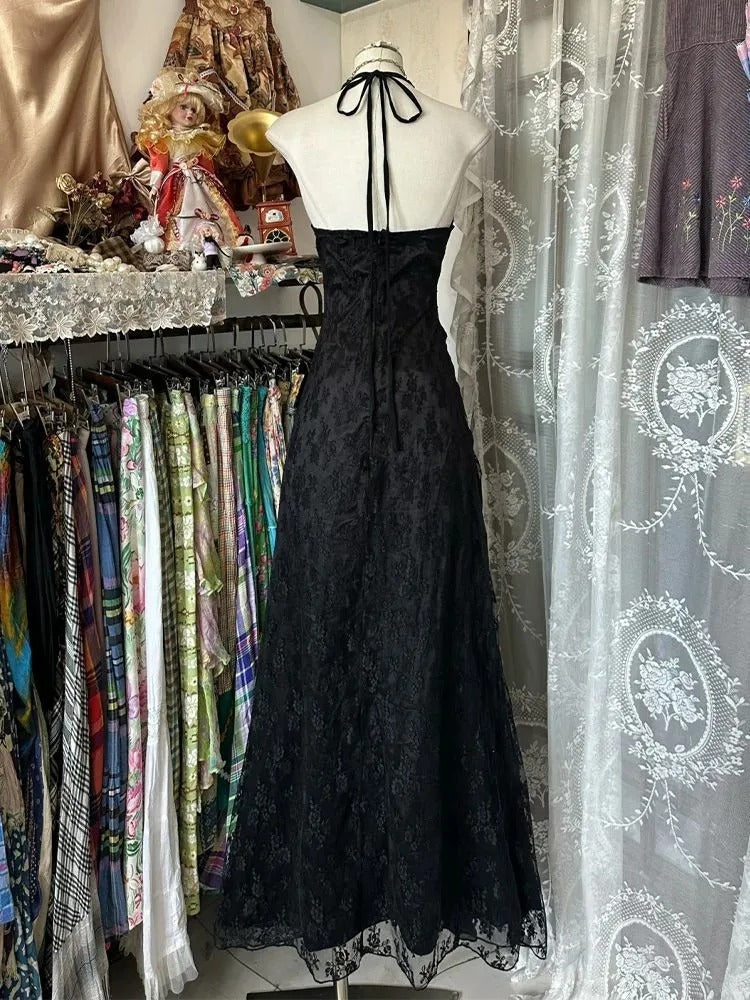 Black Halterneck Retro Fashion Elegant Suspender Long Lace Tulle Mermaid Ballgown Evening Dress Party Dress nv4203