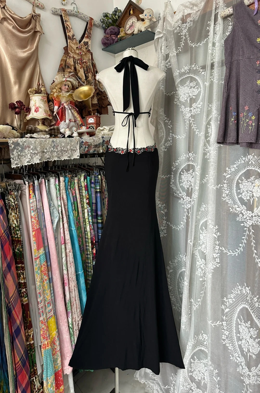 Black Beaded Vintage Long Satin Off-Waist Prom Gown Evening Gown Party Dress nv4367