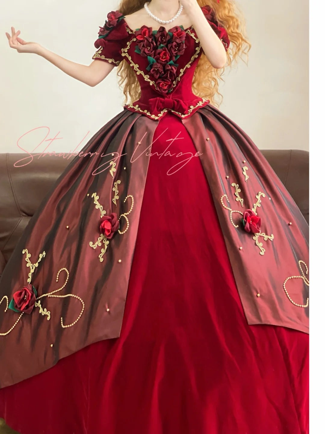 Burgundy Vintage Elegant Floral Long Satin Princess Ball Gown nv5006