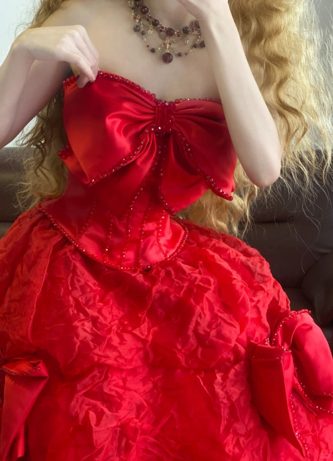 Red Beaded Bow Long Tulle Vintage Ball Gown nv5041