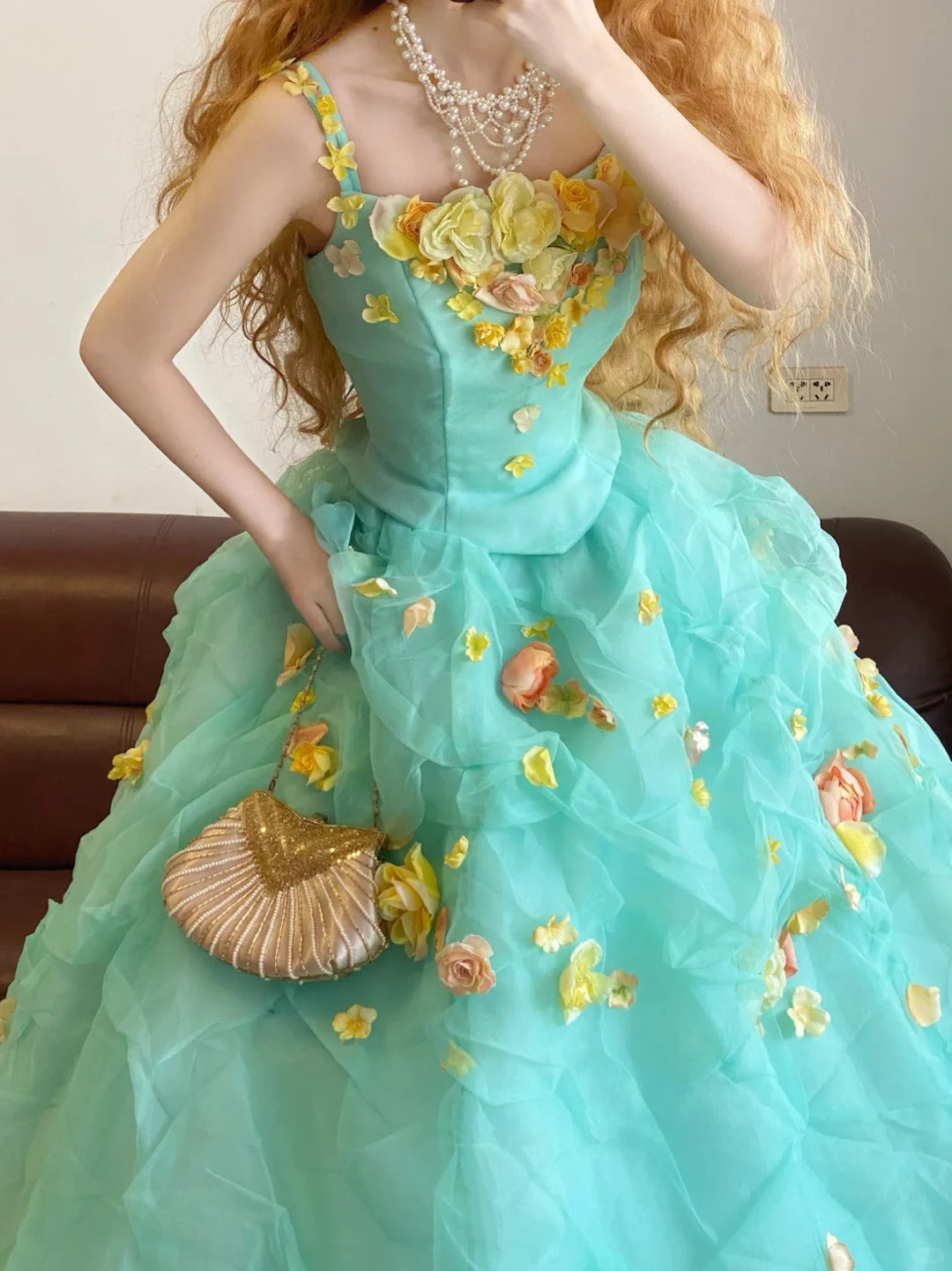 Mintgrünes, langes Tüll-Prinzessinnen-Ballkleid im Vintage-Stil, nv5042