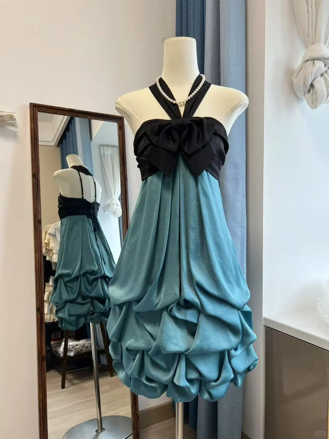 Teal/Light Blue Vintage Short Chiffon Satin Homecoming Dress Birthday Party Dress nv5093