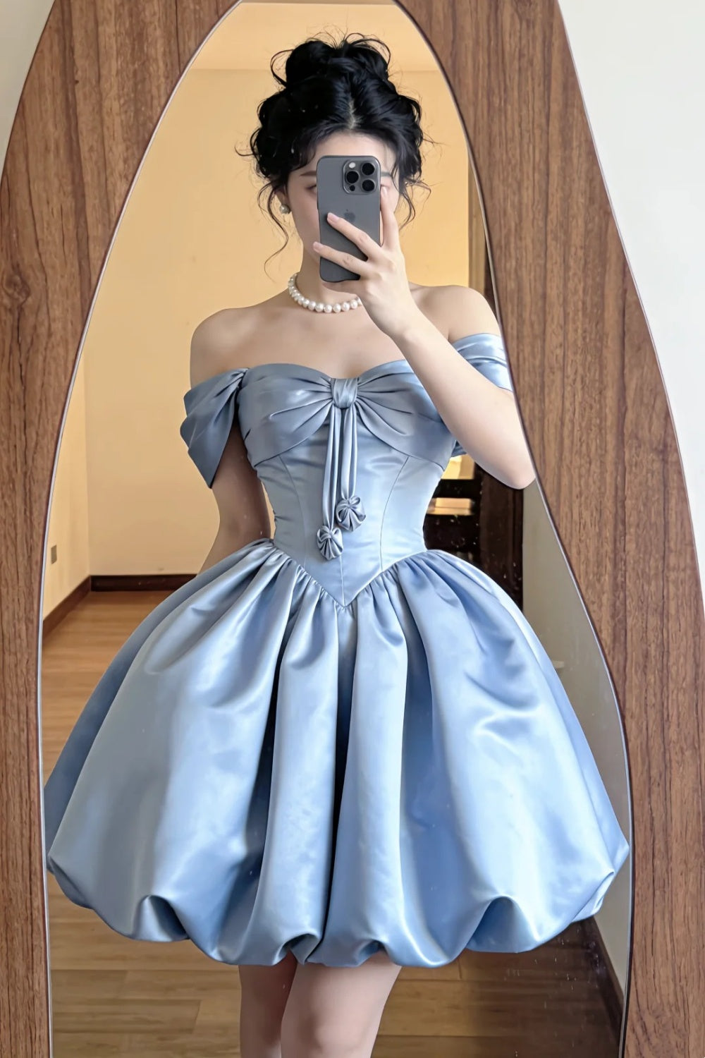 Light Blue Satin Off-Shoulder Bow Mini Evening Dress NV6559