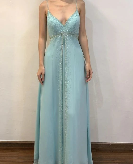 Light blue shiny elegant V-neck spaghetti straps long chiffon prom dress evening dress party dress, nv3742