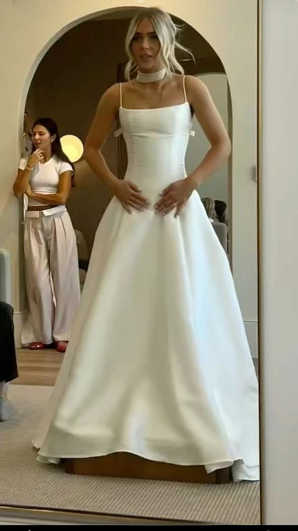 Elegant white long satin spaghetti strap prom dress nv5319 – NiceVestidos