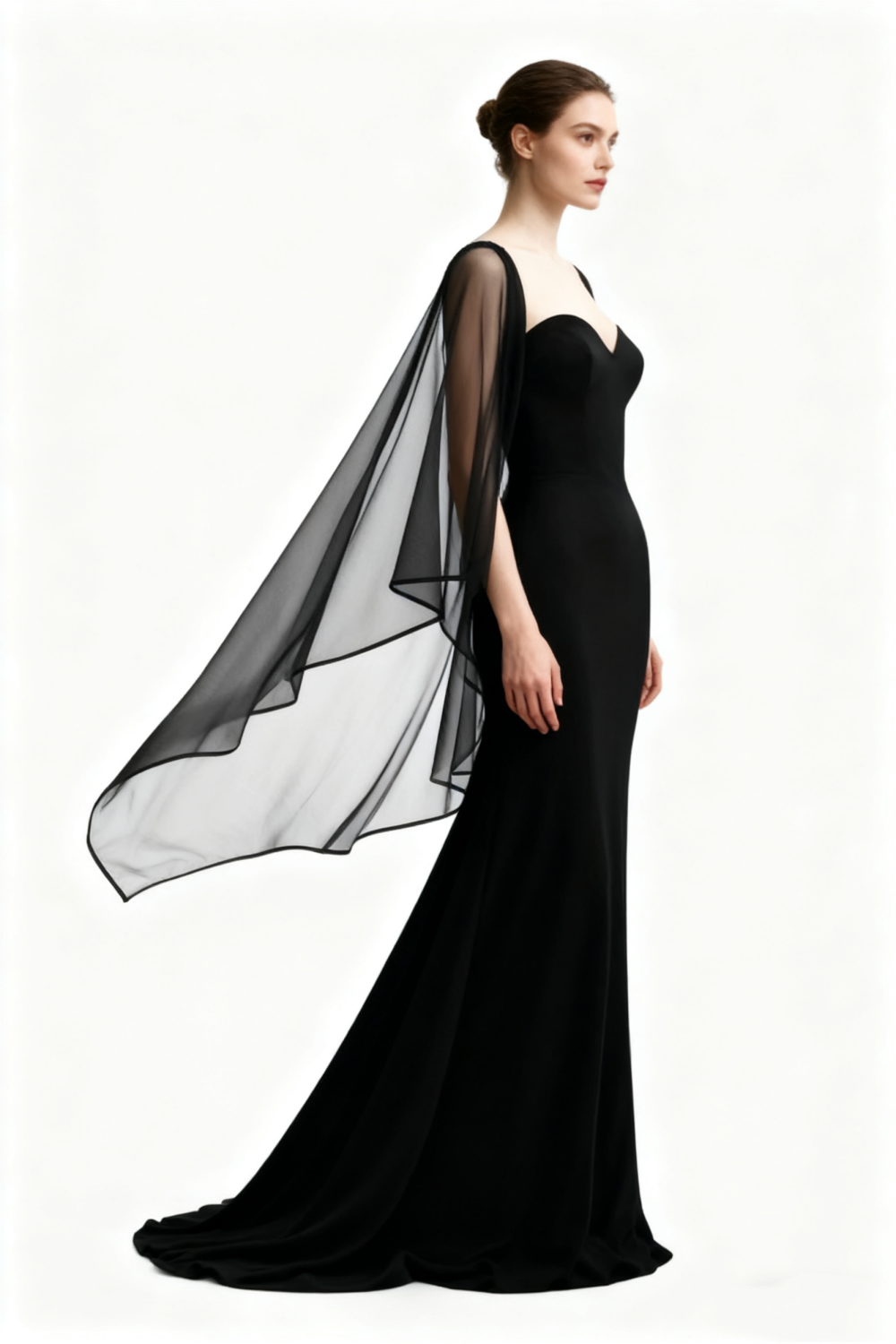 NiceVestidos – Schwarzes, langärmeliges Chiffonkleid mit herzförmigem Ausschnitt NV6013