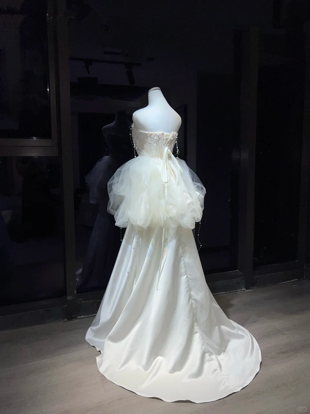 Ivory Strapless 2-in-1 Wedding Gown Lace Pearl Tassel Tulle & Satin Prom Evening Dress NV7078