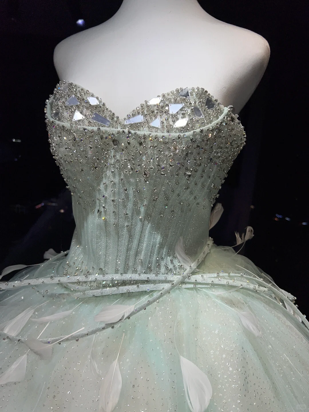 Mint Green Sparkly Tulle Ball Gown Strapless Feather Rhinestone Long Prom Dress NV7082