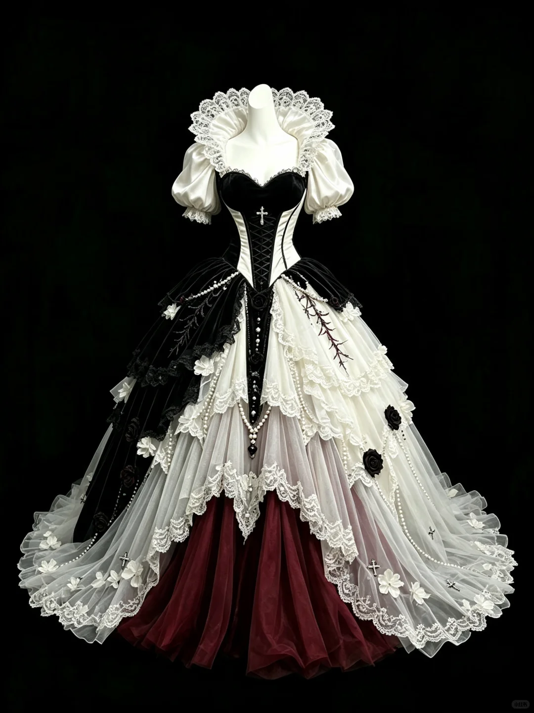 Vintage Gothic Lolita Prom Dress, Black White Lace Tiered Tulle, 3D Rose Cross Pearl Evening Gown NV7460