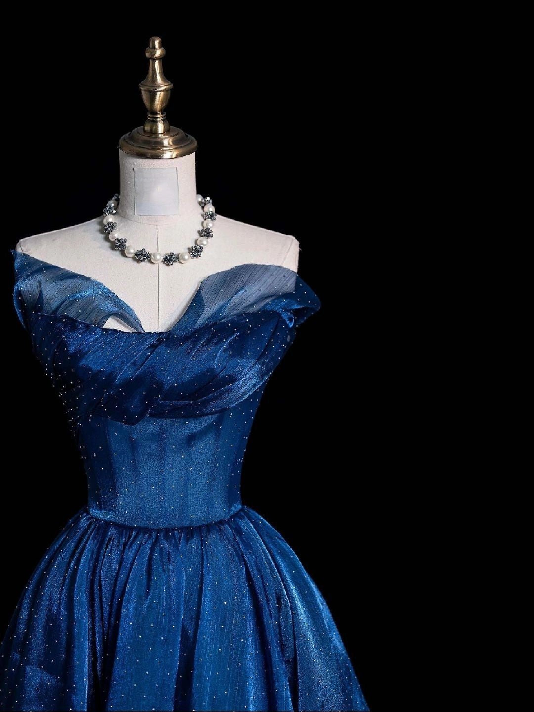 Royal Blue Sequin Off-the-shoulder Ball Gown: Starlight Decoration, Fitted Waist, Evening Fairy Maxi Dress NV6428