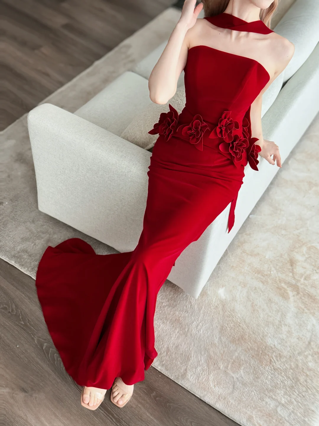 Red Strapless Mermaid Evening Dress With 3D Flowers & Tulle Scarf NV7137