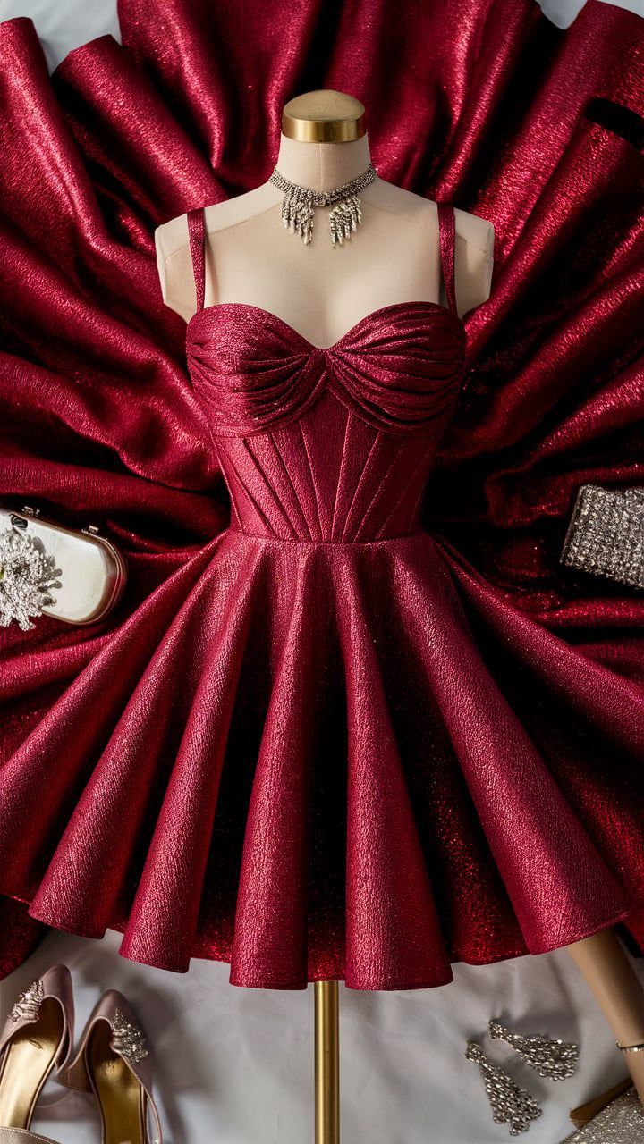 Robe de soirée courte rouge brillante en satin, tenue de fête d'anniversaire nv4935