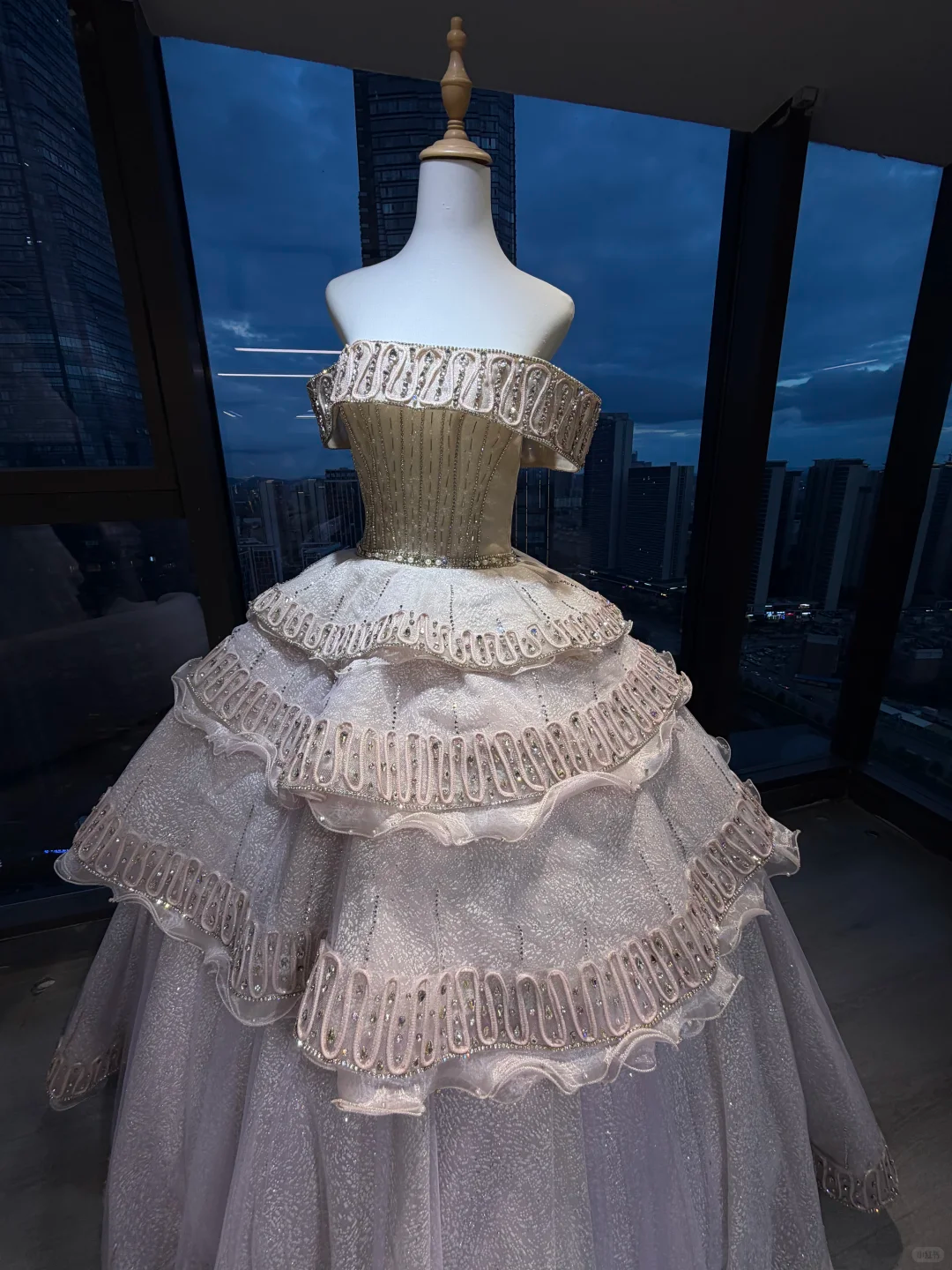 Off Shoulder Light Champagne Ball Gown Hand Beaded Rhinestone Tiered Glitter Tulle Prom Dress NV7037