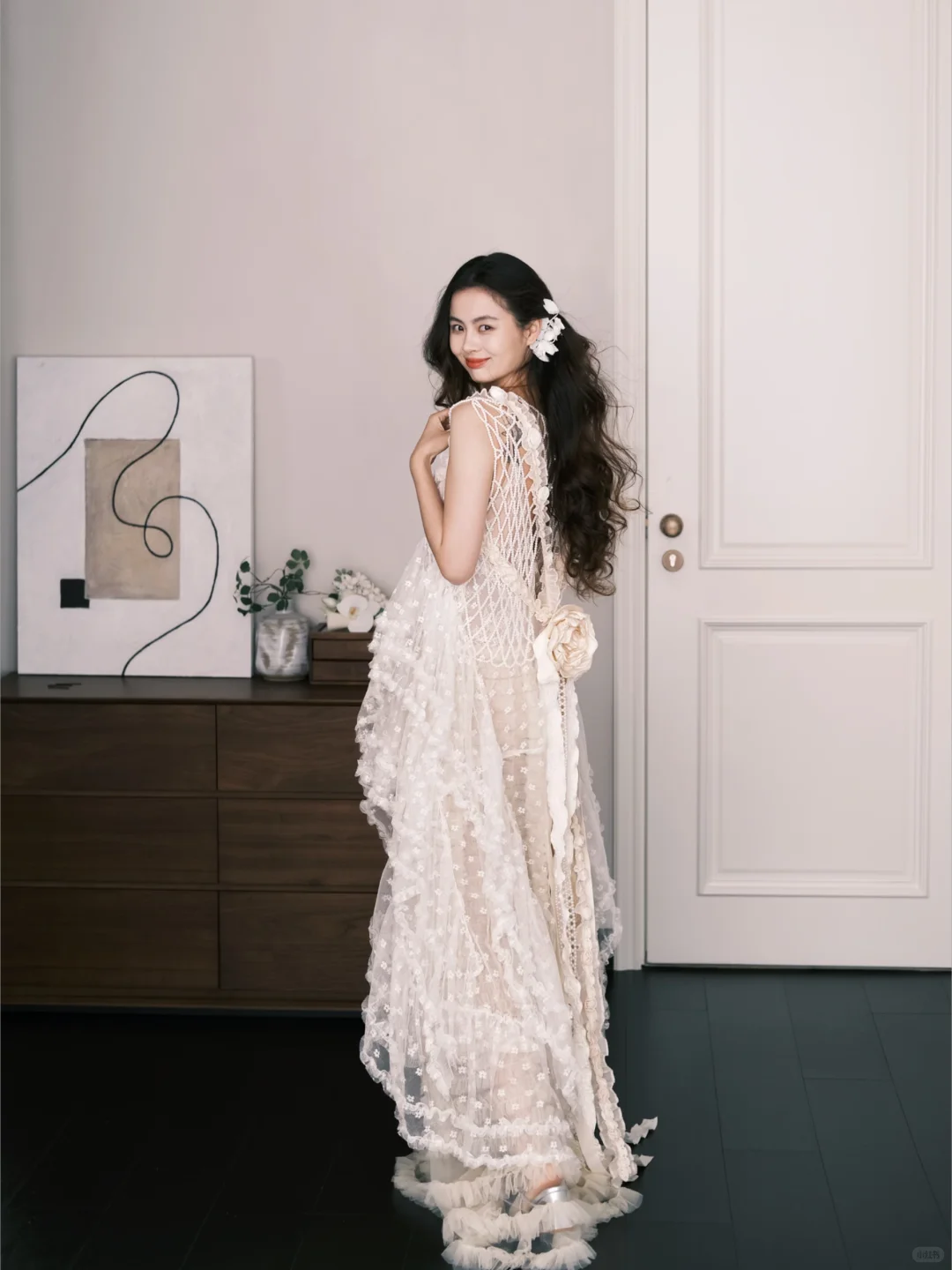 Ivory Mesh Cutout 3D Floral Ruffle Tulle Wedding Dress NV7299