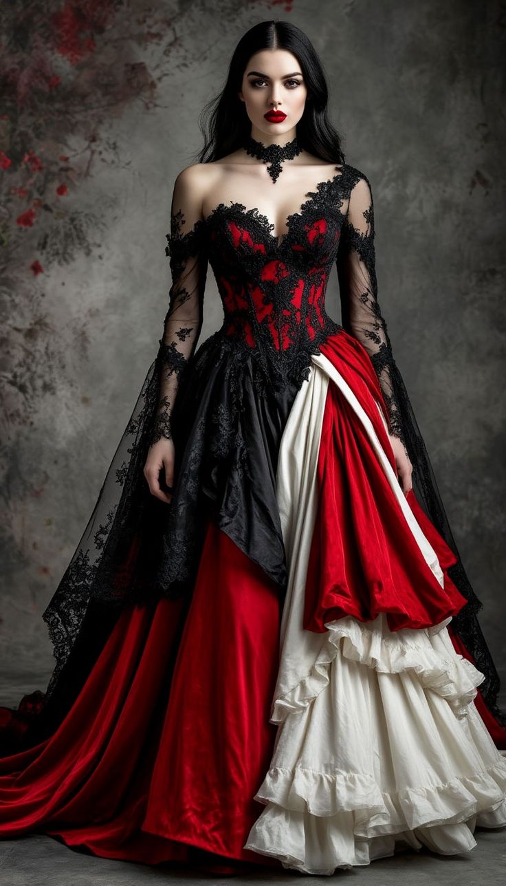 NiceVestidos – Schwarzes und rotes langes Vampir-Ballkleid im Vintage-Stil aus zarter Spitze und Tüll NV6022