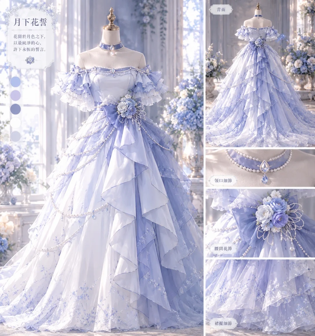 Ombre Blue Off Shoulder Ruffle Lolita Prom Dress, Floral Print Tulle Ball Gown with Pearl Choker NV7451
