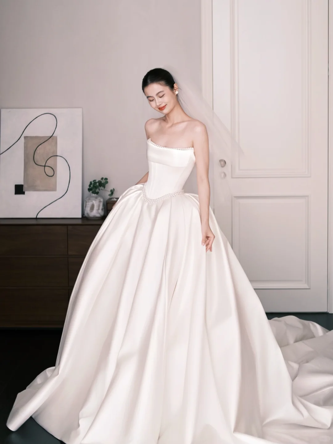 Strapless Pearl Trim Satin Ballgown Wedding Dress Bridal Gown NV7268