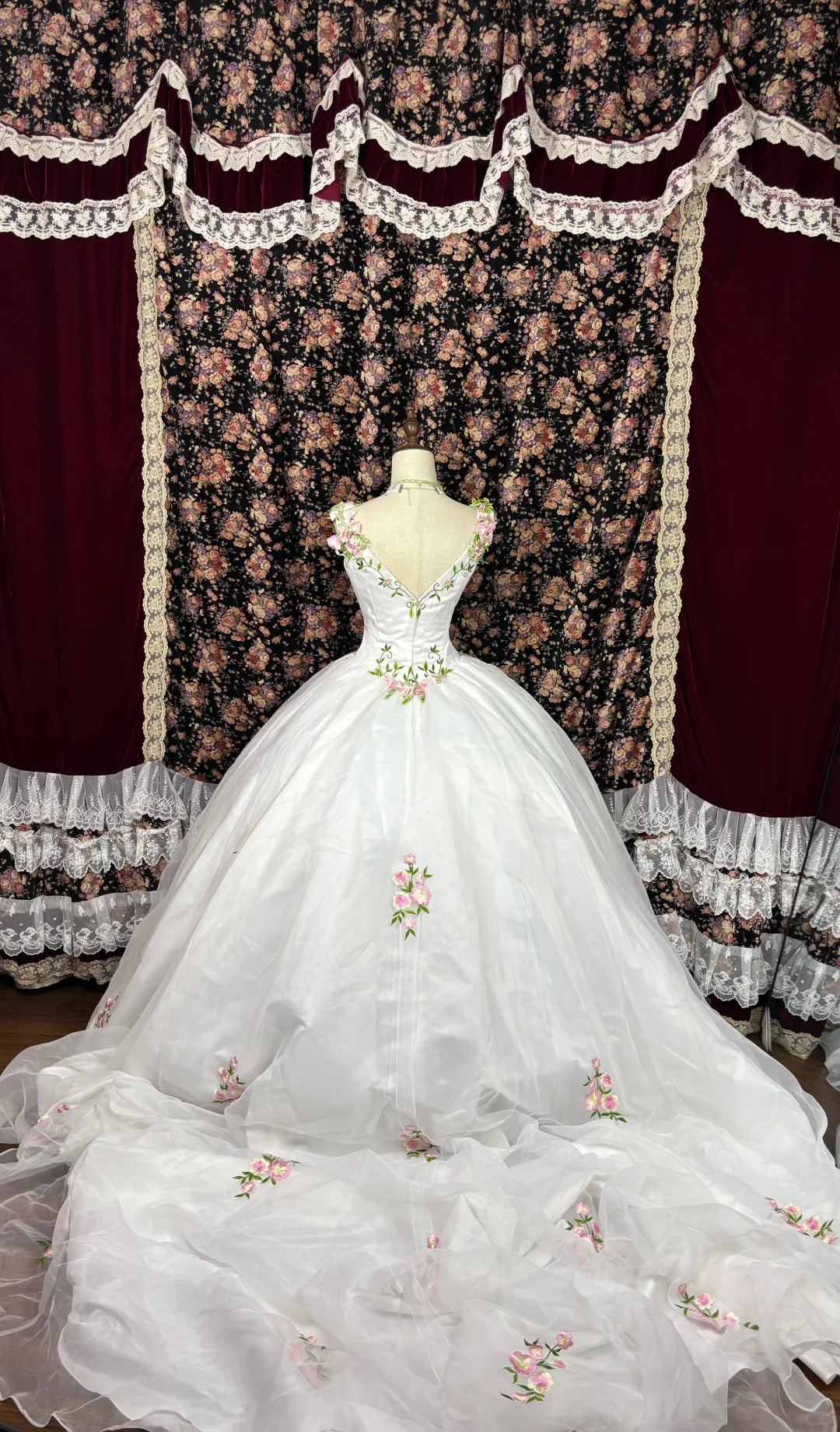 White pink floral princess long tulle ball gown evening dress quinceanera dress nv4654