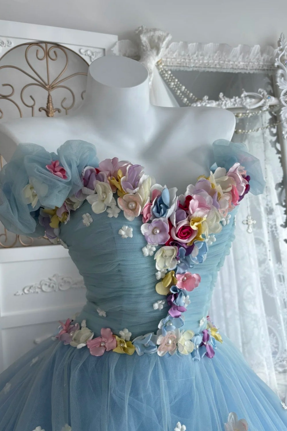 Cinderella's Garden - Light Blue 3D Floral Strapless Gown, Princess Courtly Ball Gown NV6844